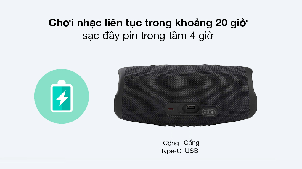 Loa Bluetooth JBL Charge 5 - Cung cấp thời gian sử dụng đến khoảng 20 tiếng