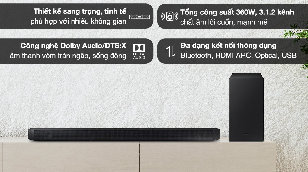 Samsung HW-Q630B - loa thanh: Với Samsung HW-Q630B, bạn sẽ cảm nhận được âm thanh vòm chân thật nhất với công nghệ âm thanh 3D. Thiết kế tinh tế và trang bị các tính năng thông minh, loa thanh của Samsung sẽ đem lại trải nghiệm giải trí đích thực cho gia đình bạn.