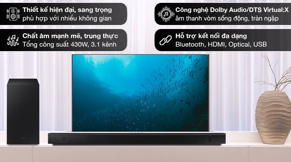 Loa thanh Samsung HW-B650: Loa thanh Samsung HW-B650 sẽ đưa bạn vào một thế giới âm thanh chất lượng cao với âm bass đậm nét, tiếng trung thực và chi tiết, giúp bạn tận hưởng những giây phút giải trí thăng hoa từ các bài hát, phim và chương trình yêu thích của mình.