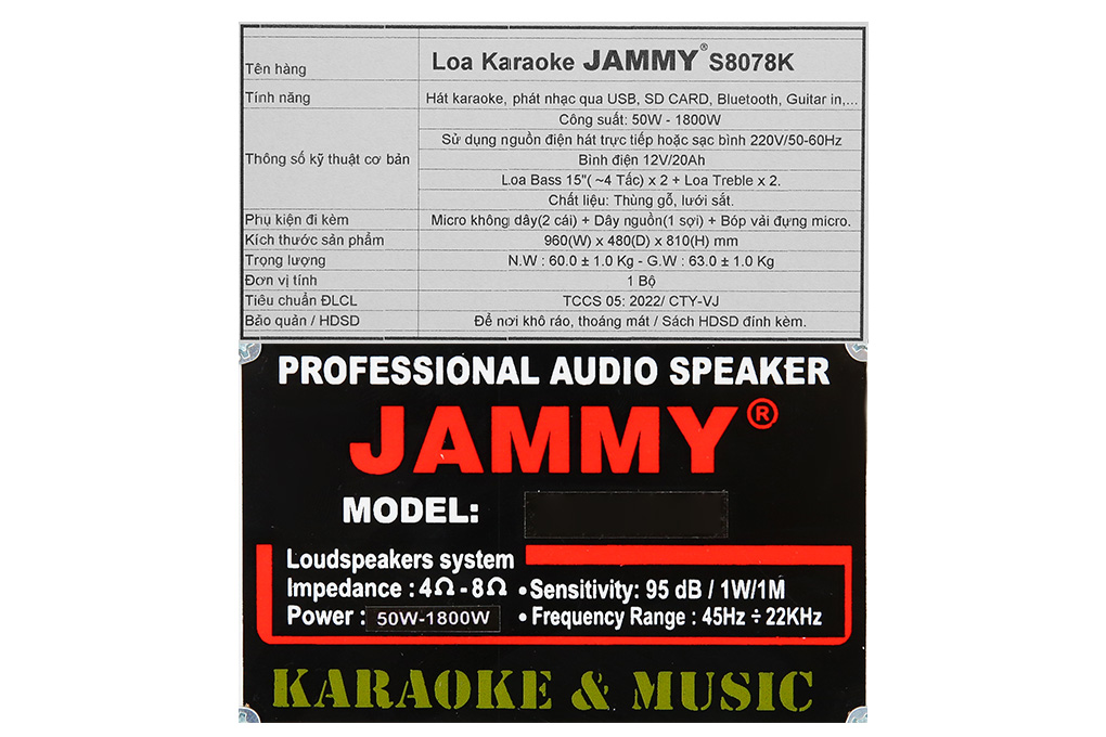 Loa kéo karaoke Jammy S8078K 1800W Màu Xám