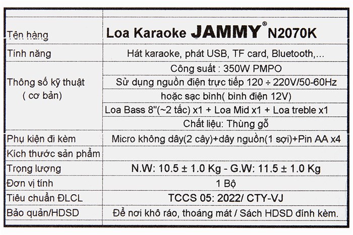 Loa karaoke xách tay Jammy N2070K 350W Màu Nâu