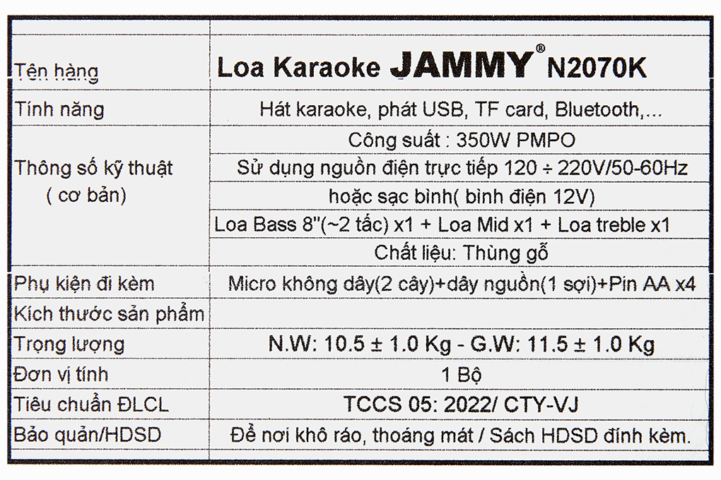 Loa karaoke xách tay Jammy N2070K 350W Màu Nâu