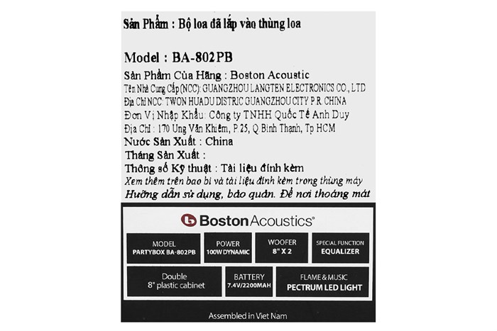 Loa kéo karaoke Boston Acoustics PARTY BOX BA-802PB 100W Màu Đen