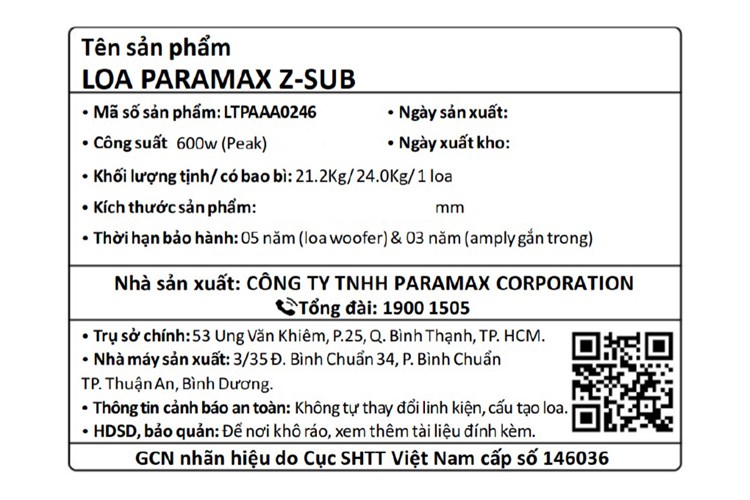 Loa siêu trầm Paramax Z-SUB 600W Màu Đen