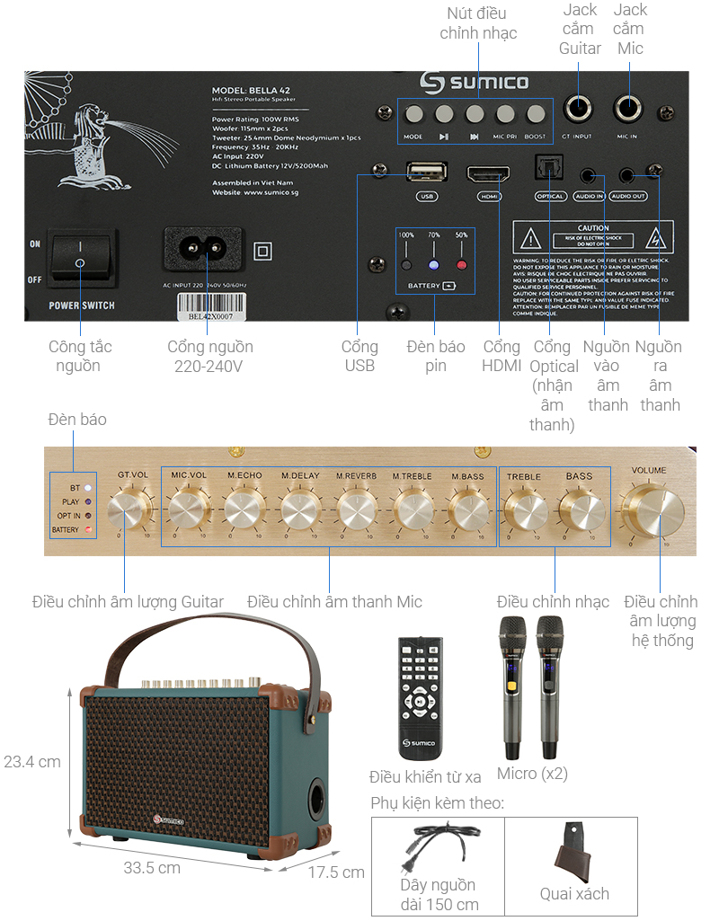 Loa karaoke xách tay Sumico BELLA 42 Blue 100W