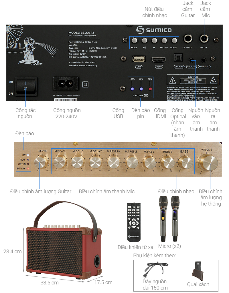 Loa karaoke xách tay Sumico BELLA 42 Red 100W