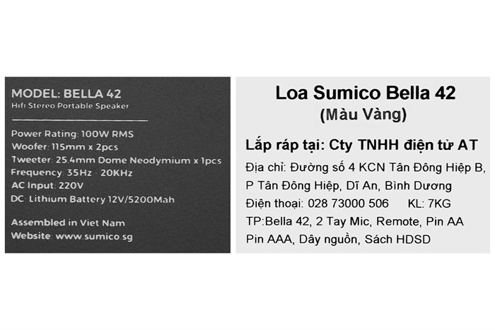 Loa karaoke xách tay Sumico BELLA 42 Yellow 100W Màu Vàng
