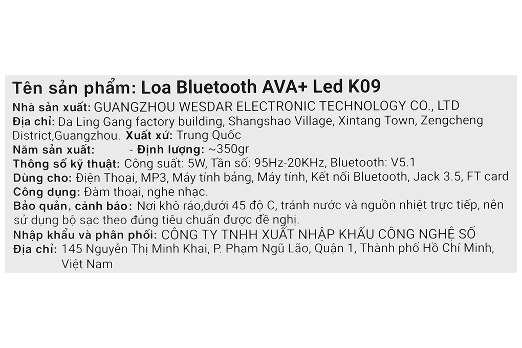 Loa Bluetooth AVA+ Led K09 Màu Đen