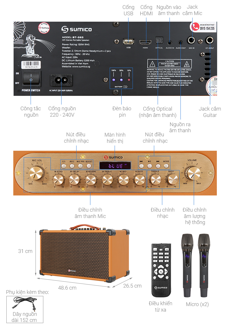 Loa karaoke xách tay Sumico BT-S65 150W