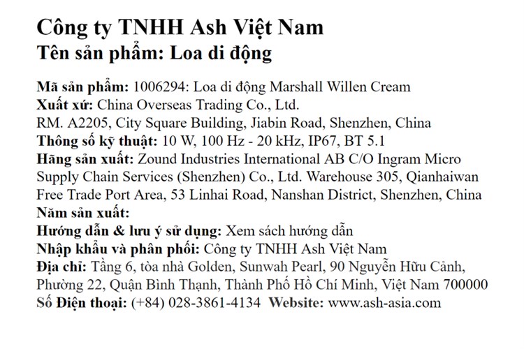 Loa Bluetooth Marshall Willen Màu Kem