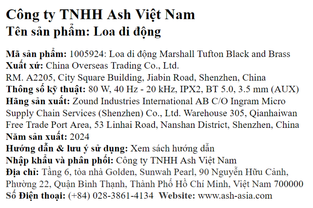 Loa Bluetooth Marshall Tufton Màu Đen