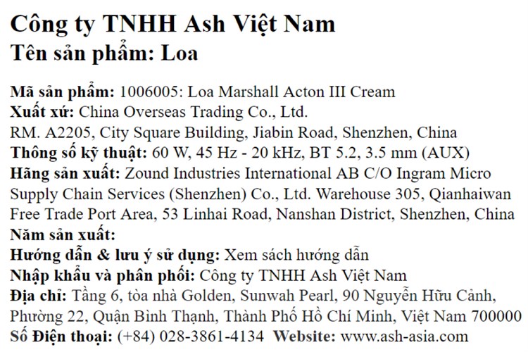 Loa Bluetooth Marshall Acton III Màu Kem