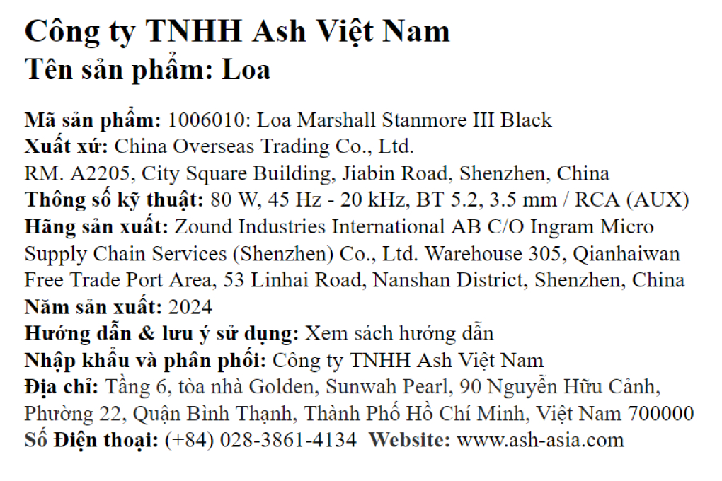 Loa Bluetooth Marshall Stanmore III Màu Đen