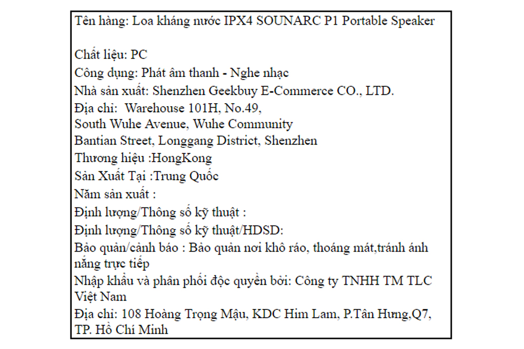 Loa Bluetooth Sounarc P1 Portable Speaker Màu Đen