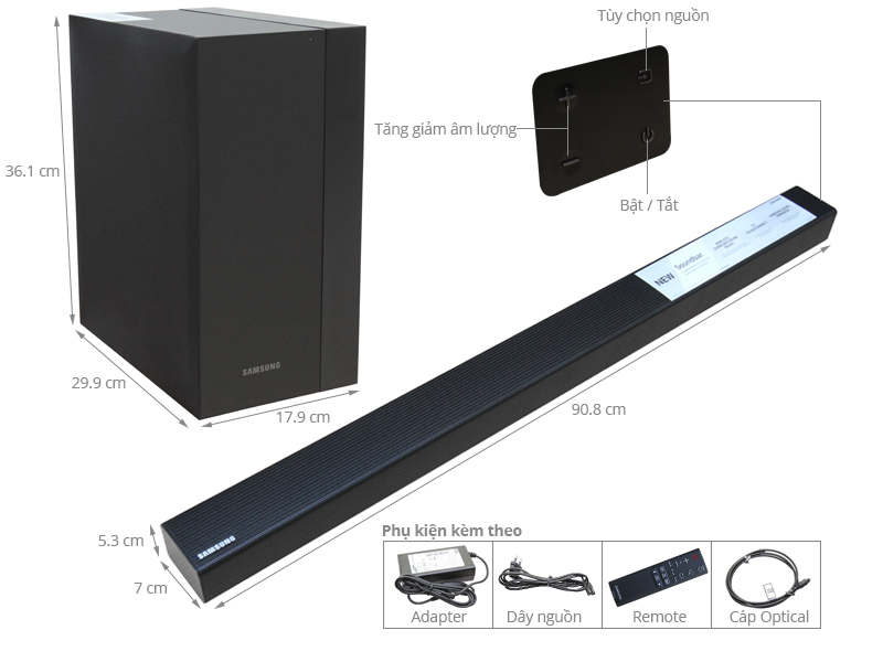 Thông số kỹ thuật Loa thanh Soundbar Samsung 2.1 HW-K450/XV 300W