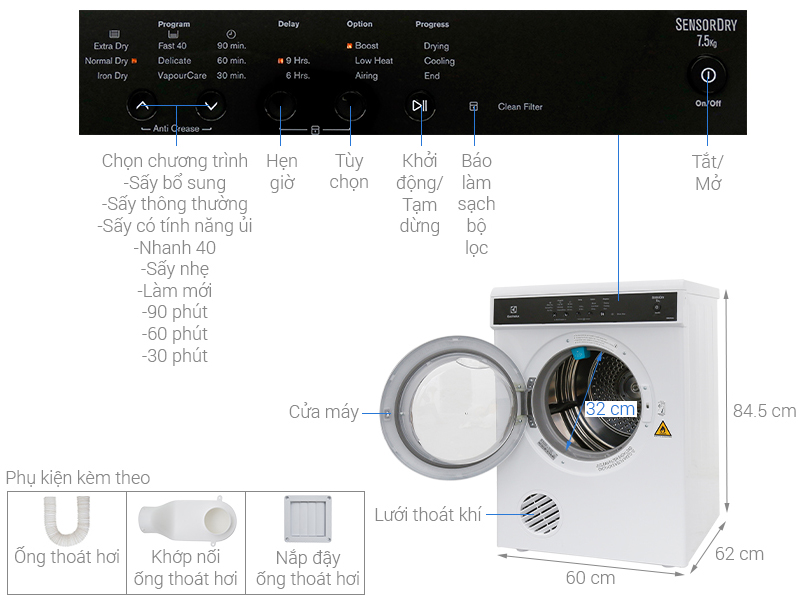 Thông số kỹ thuật Máy sấy Electrolux 7.5 kg EDS7552