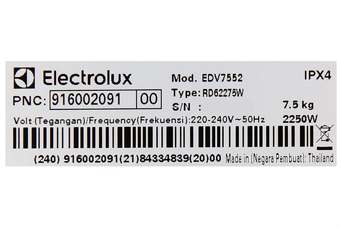 Máy sấy Electrolux 7.5 kg EDV7552 Màu Trắng