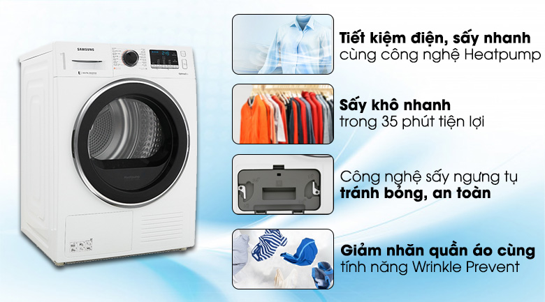 Máy sấy bơm nhiệt Samsung Inverter 9 Kg DV90M5200QW/SV