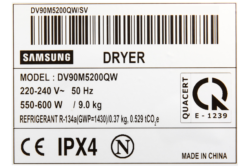 Máy sấy bơm nhiệt Samsung Inverter 9 Kg DV90M5200QW/SV Màu Trắng