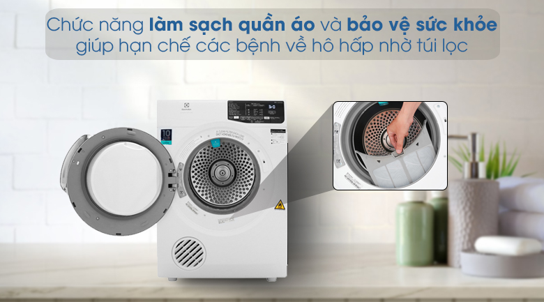 Chức năng làm sạch quần áo và bảo vệ sức khỏe nhờ túi lọc