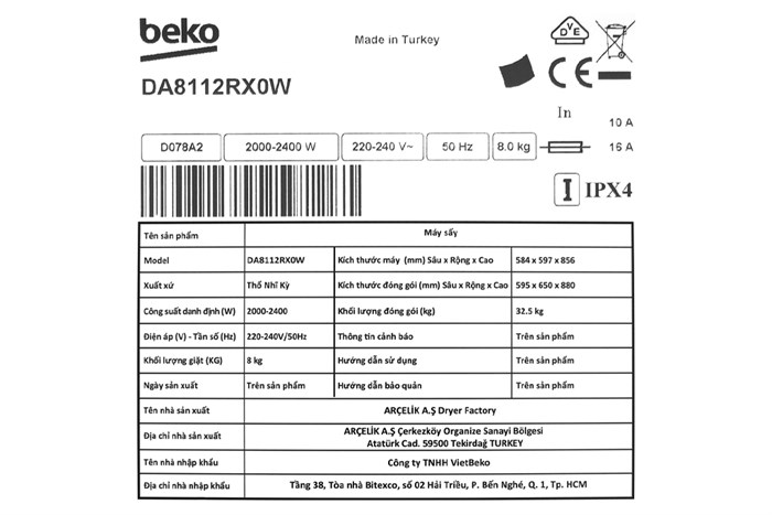 Máy sấy thông hơi Beko 8 kg DA8112RX0W Màu Trắng