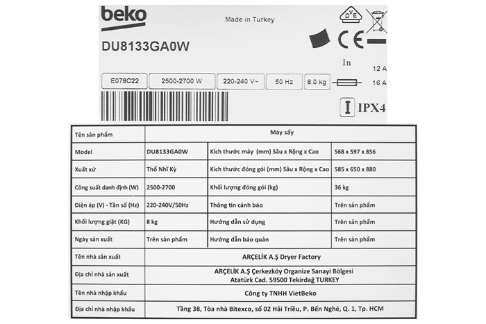 Máy sấy ngưng tụ Beko 8 kg DU8133GA0W Màu Trắng