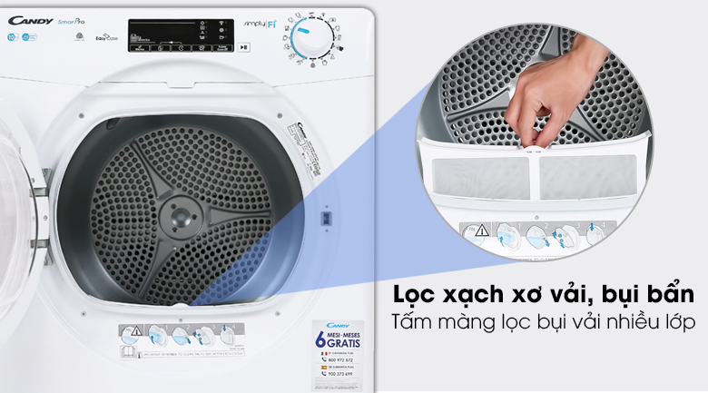 Máy sấy Candy CSO C10TE-S trang bị tấm màng lọc bụi, xơ vải,...