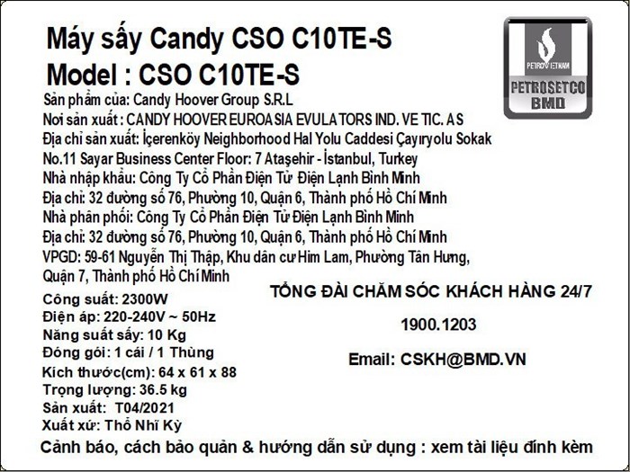 Máy sấy ngưng tụ Candy 10 kg CSO C10TE-S Màu Trắng
