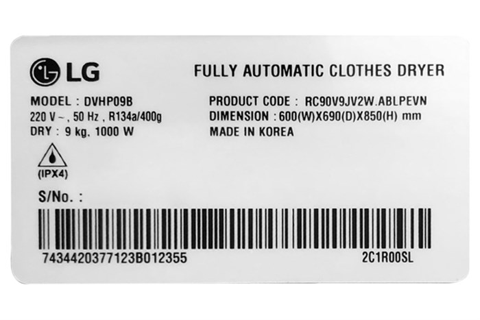 Máy sấy bơm nhiệt LG 9 kg DVHP09B Màu Đen