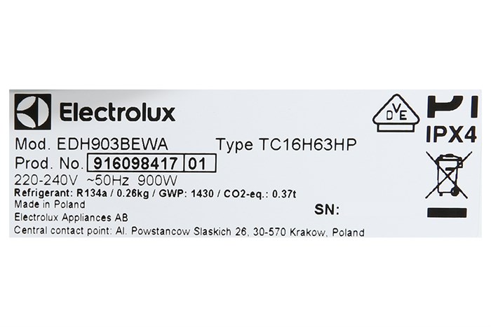 Máy sấy bơm nhiệt Electrolux Inverter 9 Kg EDH903BEWA Màu Trắng
