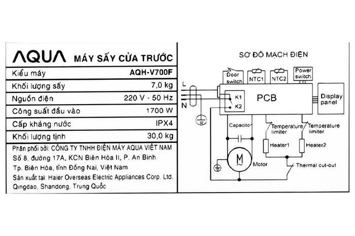Máy sấy thông hơi Aqua 7 kg AQH-V700FW Màu Trắng