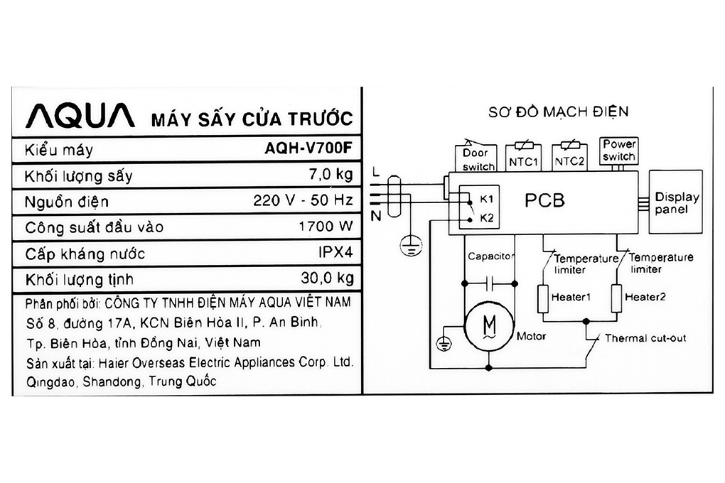 Máy sấy thông hơi Aqua 7 kg AQH-V700FW Màu Trắng