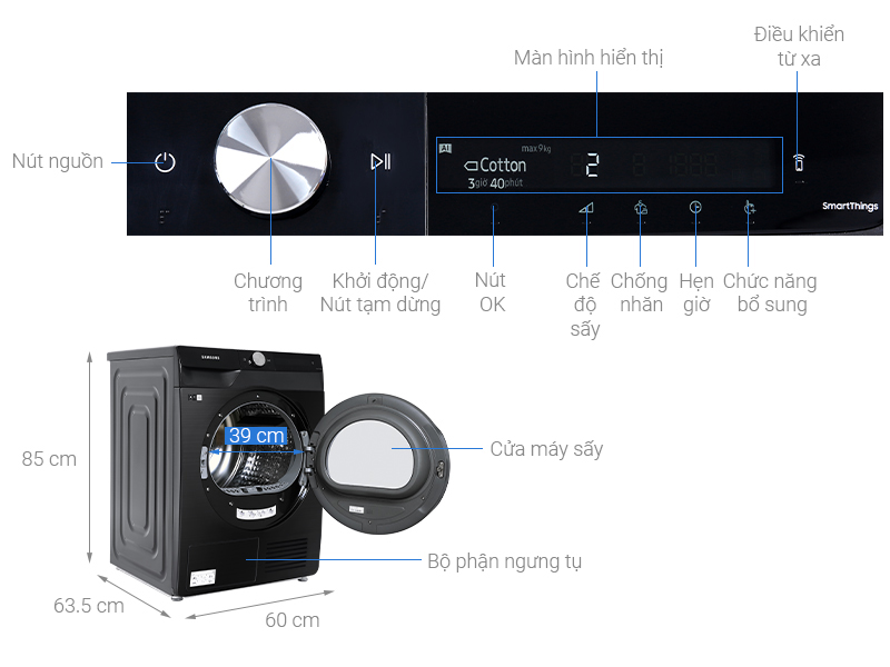 Máy sấy bơm nhiệt Samsung 9 Kg DV90T7240BB/SV