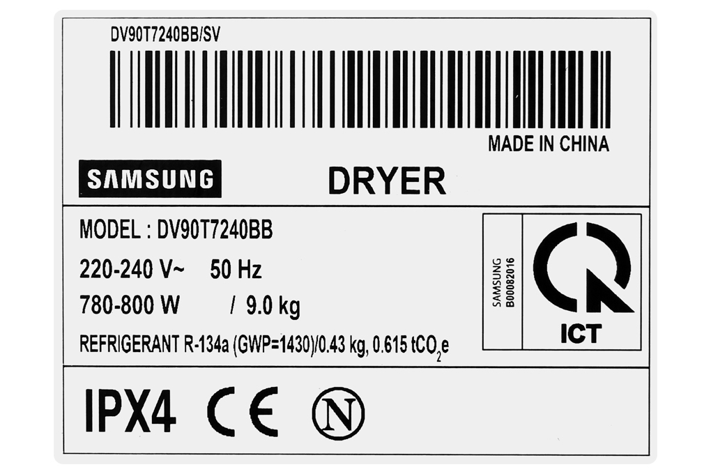 Máy sấy bơm nhiệt Samsung Inverter 9 Kg DV90T7240BB/SV chính hãng
