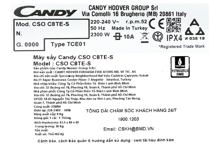 Máy sấy ngưng tụ Candy 8 Kg CSO C8TE-S Màu Trắng