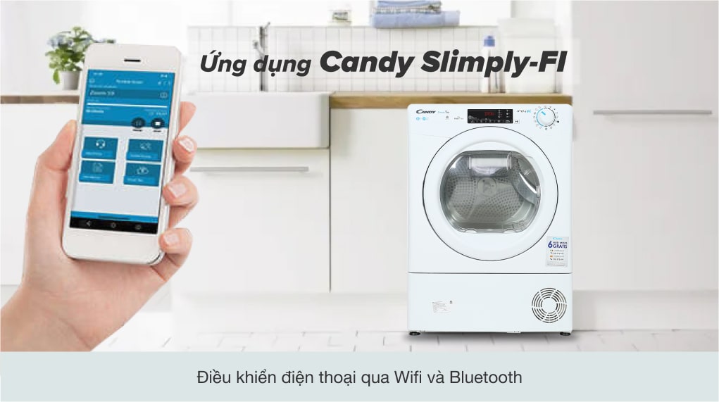 Máy sấy ngưng tụ Candy 8 Kg CSO C8TE-S-Chuẩn đoán tình trạng thiết bị nhanh chóng qua ứng dụng Simply Fi