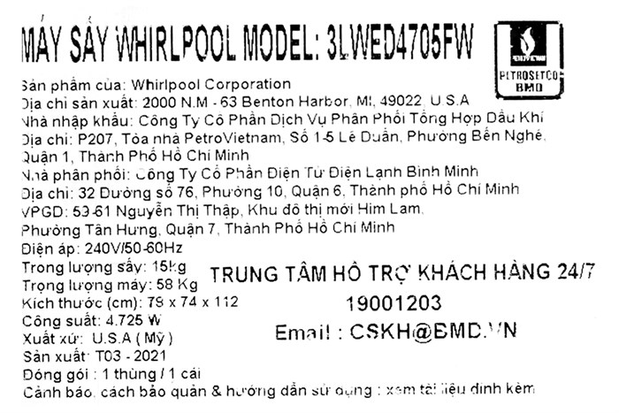 Máy sấy thông hơi Whirlpool 15 Kg 3LWED4705FW Màu Trắng