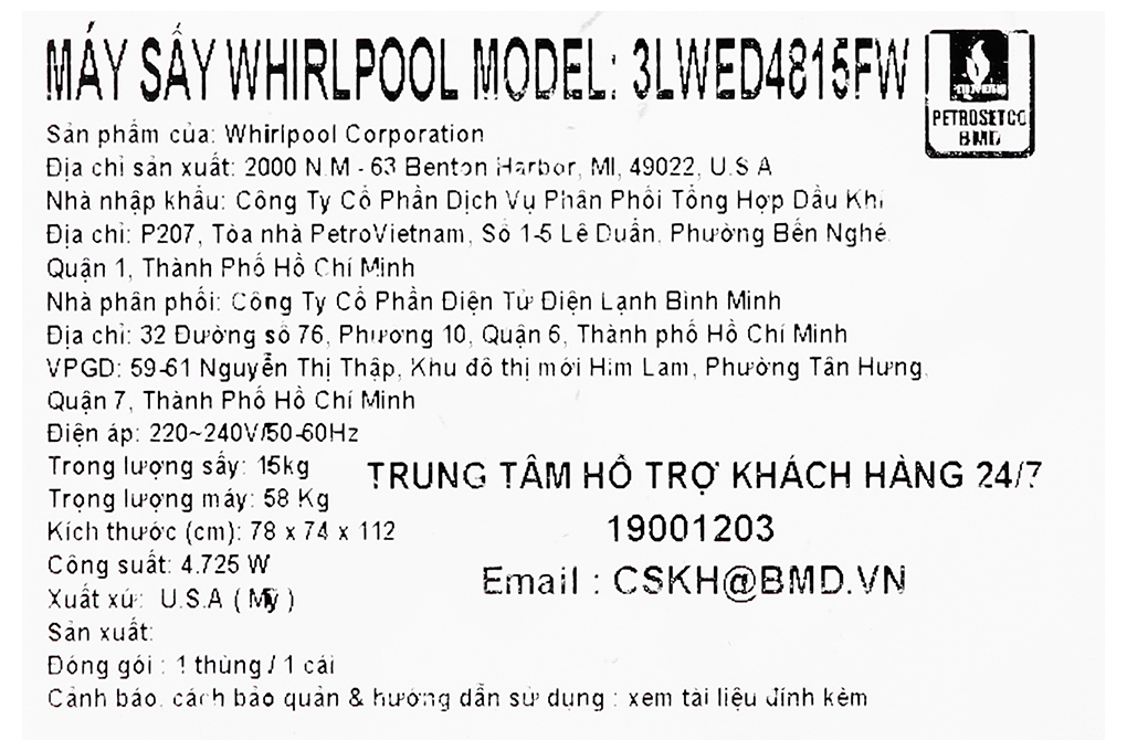 Máy sấy thông hơi Whirlpool 15 Kg 3LWED4815FW chính hãng