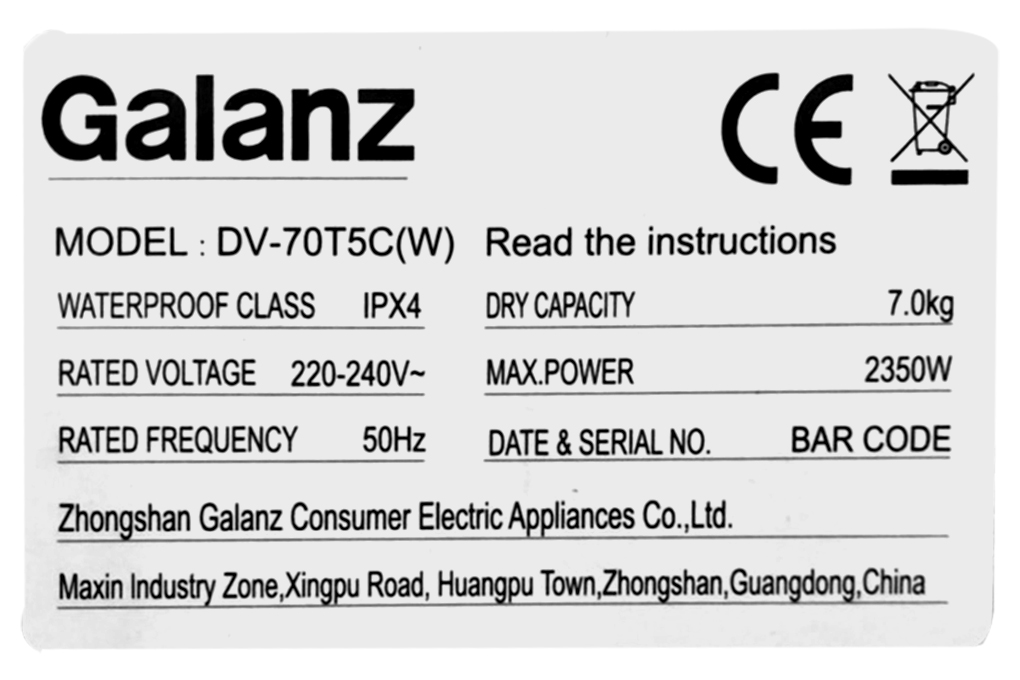 Máy sấy thông hơi Galanz 7 kg DV-70T5C(W) Màu Trắng