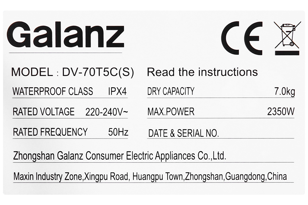 Bán máy sấy thông hơi Galanz 7 Kg DV-70T5C(S)