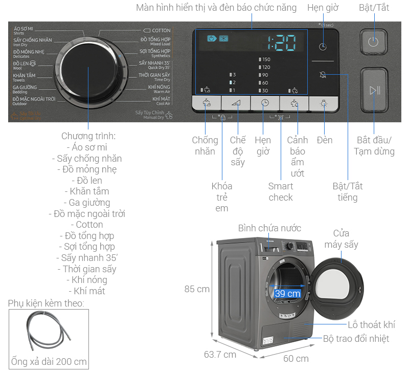 Máy sấy bơm nhiệt Samsung 9 kg DV90TA240AX/SV