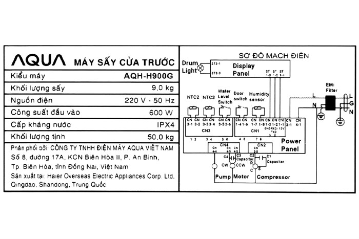 Máy sấy bơm nhiệt AQUA 9 Kg AQH-H900G PS Màu Xám