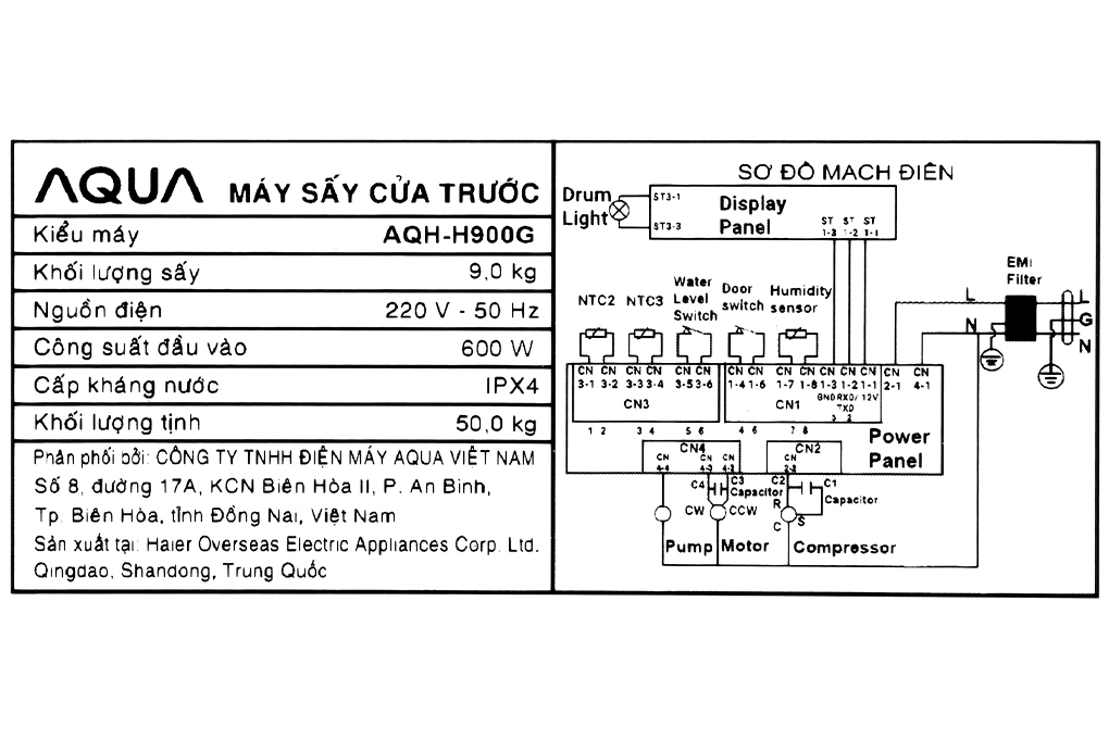 Máy sấy bơm nhiệt AQUA 9 Kg AQH-H900G PS Màu Xám