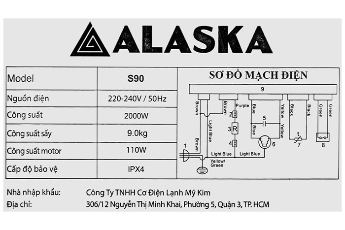 Máy sấy thông hơi Alaska 9 kg S90 Màu Trắng