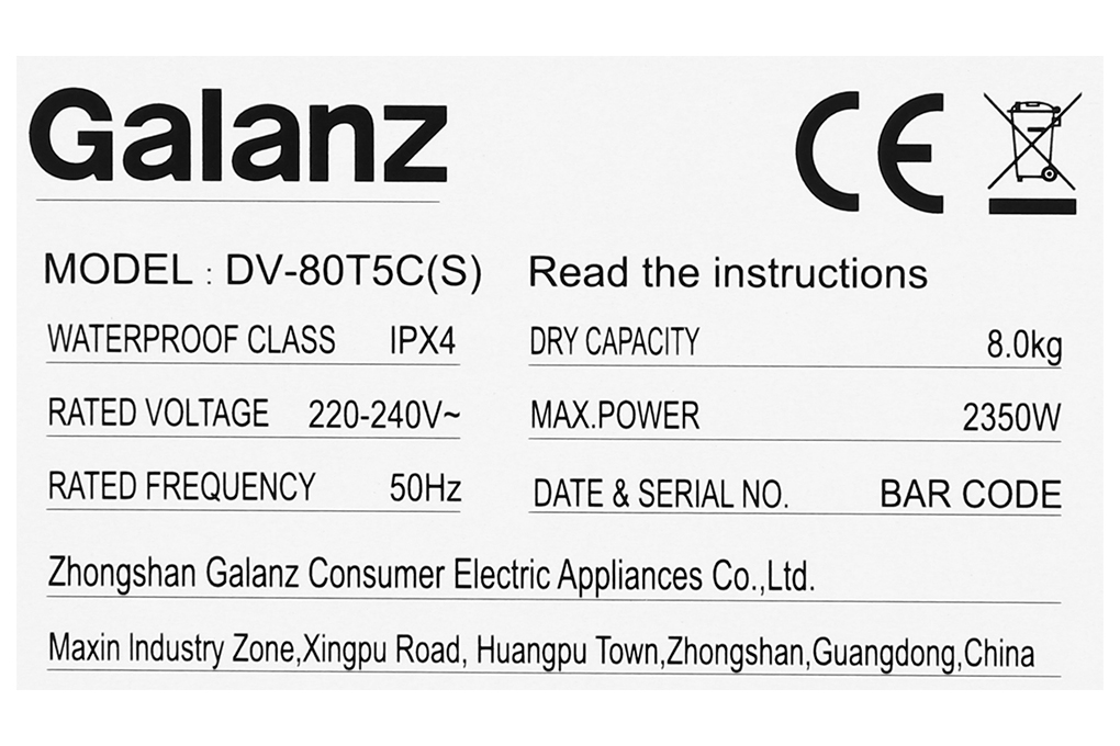 Siêu thị máy sấy thông hơi Galanz 8 Kg DV-80T5C(S)