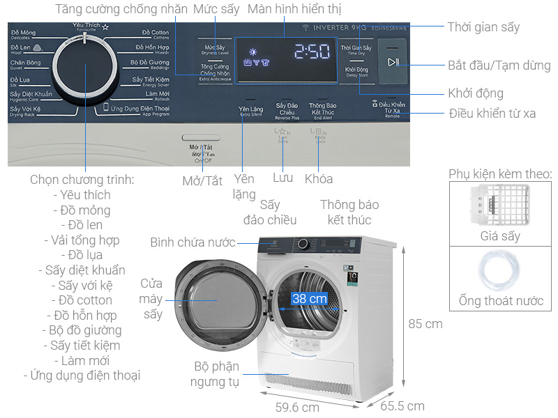 Máy sấy bơm nhiệt Electrolux 9 kg EDH903R9WB