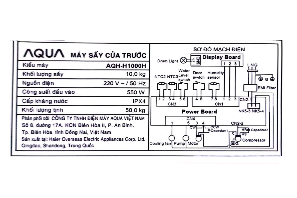 Máy sấy bơm nhiệt Aqua Inverter 10 kg AQH-H1000H PS
