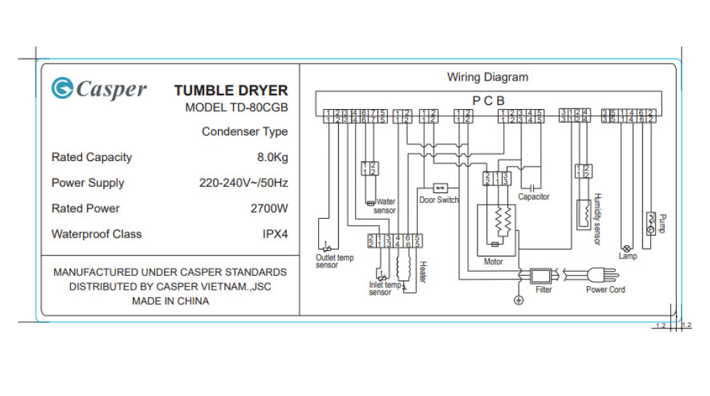 Máy sấy ngưng tụ Casper 8 kg TD – 80CGB Màu Xám