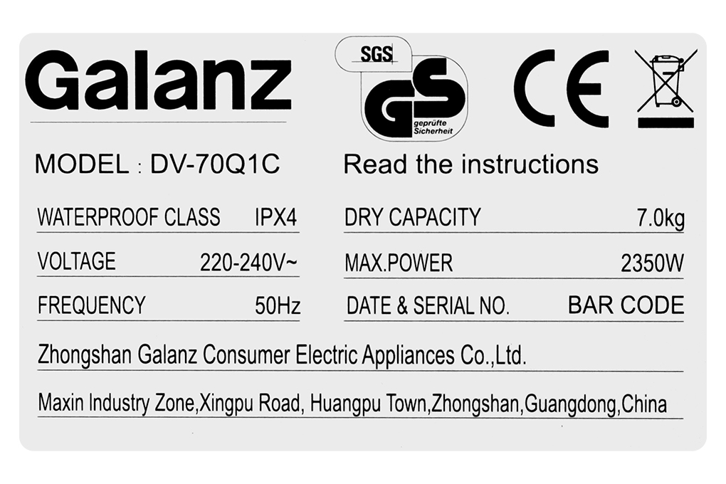 Máy sấy thông hơi Galanz 7 kg DV-70Q1C Màu Trắng
