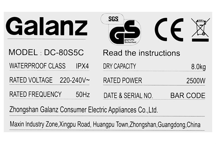 Máy sấy ngưng tụ Galanz 8 kg DC-80S5C Màu Trắng